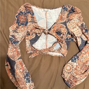 Orange Paisley Tie-Front Long Sleeve Crop Top